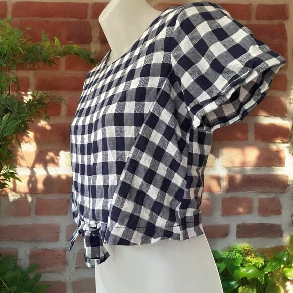 Maddie Navy Blue and White Gingam Front Tie Pull-over Blouse Size Large Summer  - Picture 5 of 11